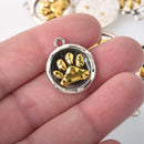 Silver Paw Print Charms, Silver Coin with Gold, round coin charms, chs8326