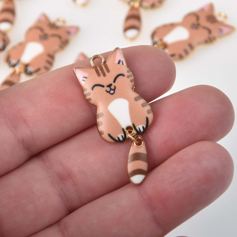 6 Enamel Cat Charms, swinging tail, gold plated with tan, chs8327