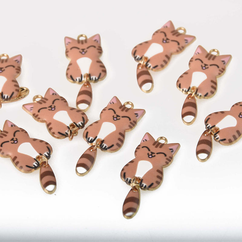 6 Enamel Cat Charms, swinging tail, gold plated with tan, chs8327