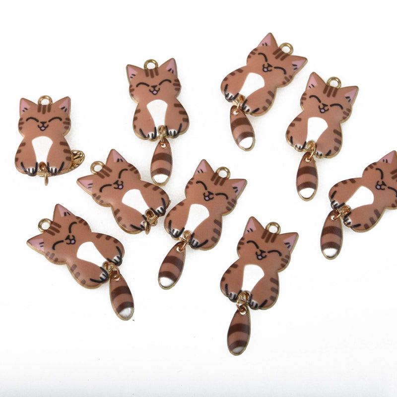 6 Enamel Cat Charms, swinging tail, gold plated with tan, chs8327