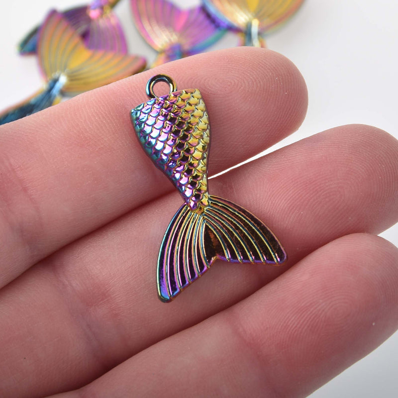 2 Mermaid Tail Charms, Rainbow Patina Hammered Metal, chs8328