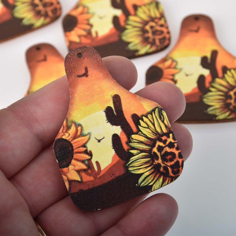 Cattle Tag Charms with Sunflowers and Sunset, Wood Cow Ear Tag, chs8330
