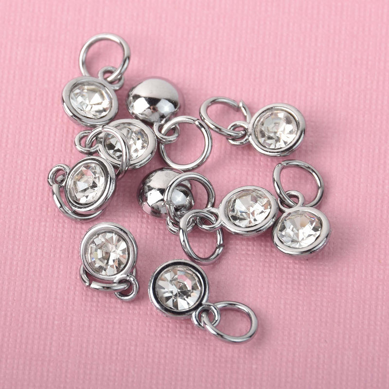 Crystal Dot Charms, April Birthstone, Silver Bezel, 7mm Rhinestone chs8334