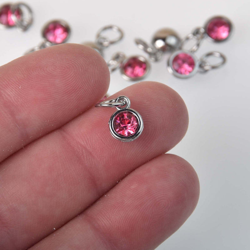 Crystal Dot Charms, October Birthstone, Silver Bezel, 7mm Rhinestone chs8340