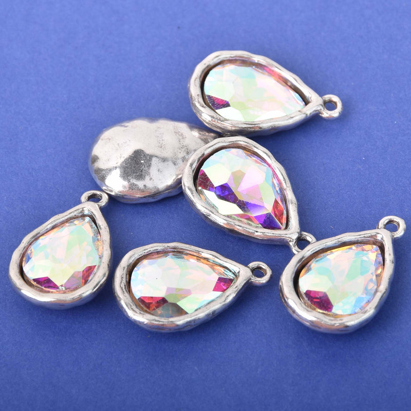 AB Crystal Drop Charm, Teardrop Crystal Glass in Silver Tone Bezel, 27x17mm, chs8344