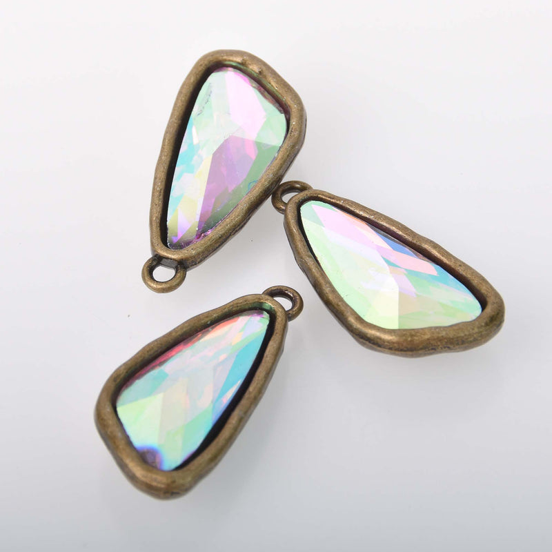 AB Iridescent Rhinestone Drop Charm, Wing Crystal Glass in BRONZE Tone Bezel, 41x19mm, chs8348