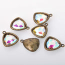 AB Crystal Drop Charm, Triangle Crystal Glass in Bronze Tone Bezel, 27x23mm, chs8350