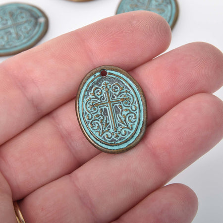 5 Bronze Cross Relic Charm Pendants, blue verdigris patina, wax seal oval coin, 27x21mm, chs8355