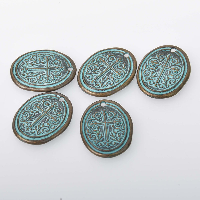 5 Bronze Cross Relic Charm Pendants, blue verdigris patina, wax seal oval coin, 27x21mm, chs8355