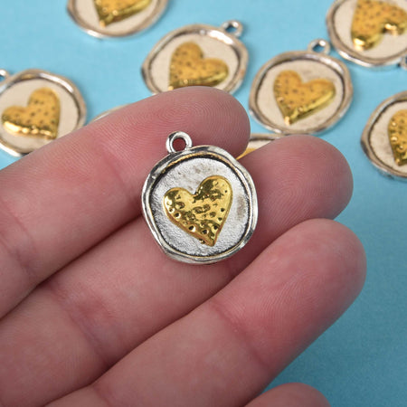 Silver Heart Charms, Silver Coin with Gold, round coin charms, chs8356