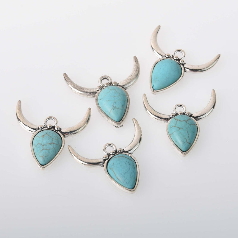 5 Cow Skull Charms, silver with faux turquoise, chs8367