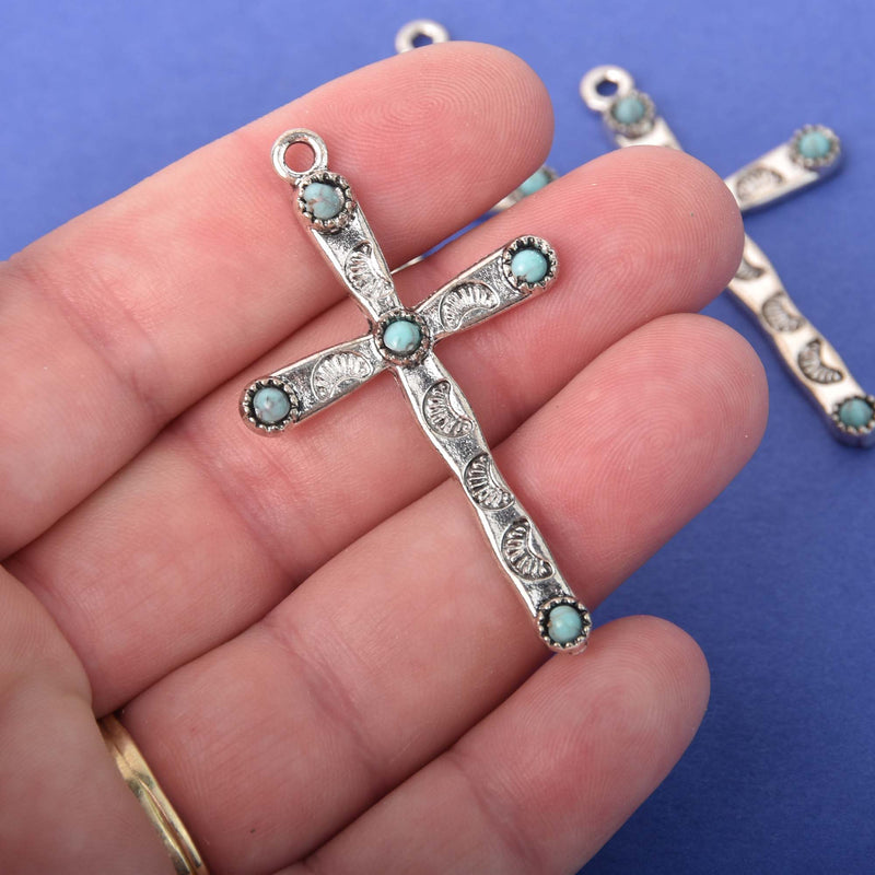 Boho Cross Charms, silver with faux turquoise, chs8368