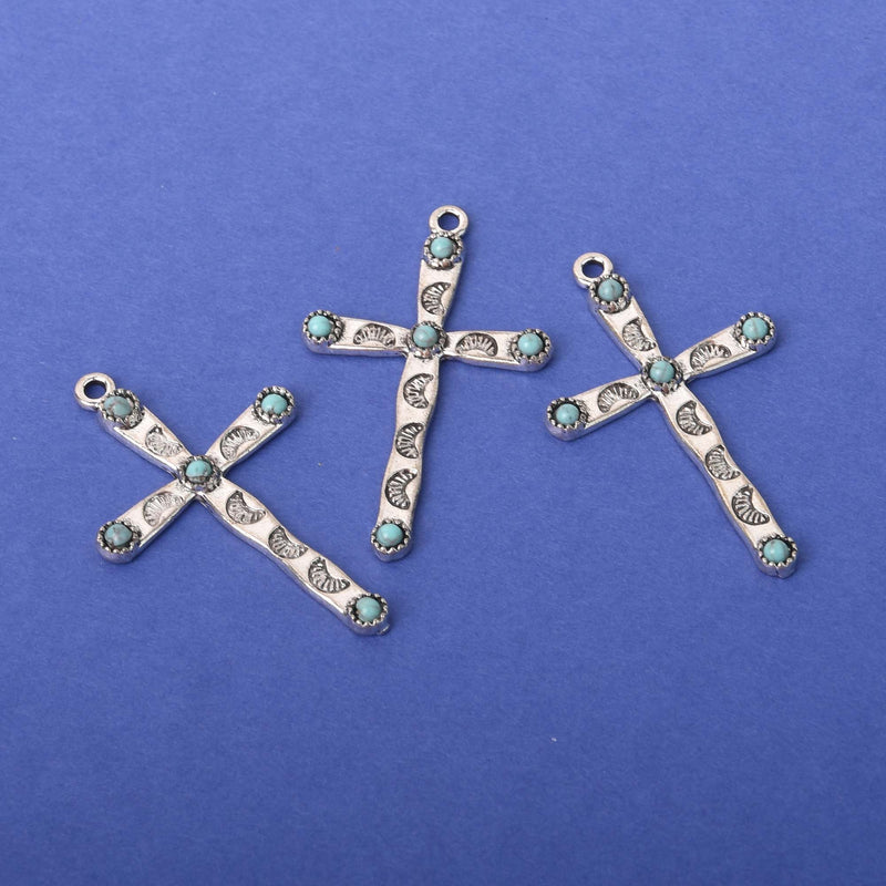 Boho Cross Charms, silver with faux turquoise, chs8368