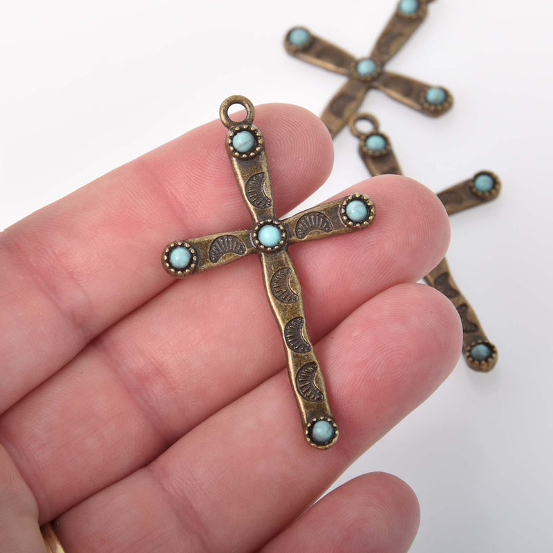 2 Boho Cross Charms, bronze with faux turquoise, chs8369