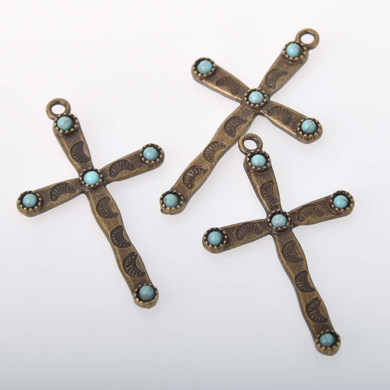 2 Boho Cross Charms, bronze with faux turquoise, chs8369