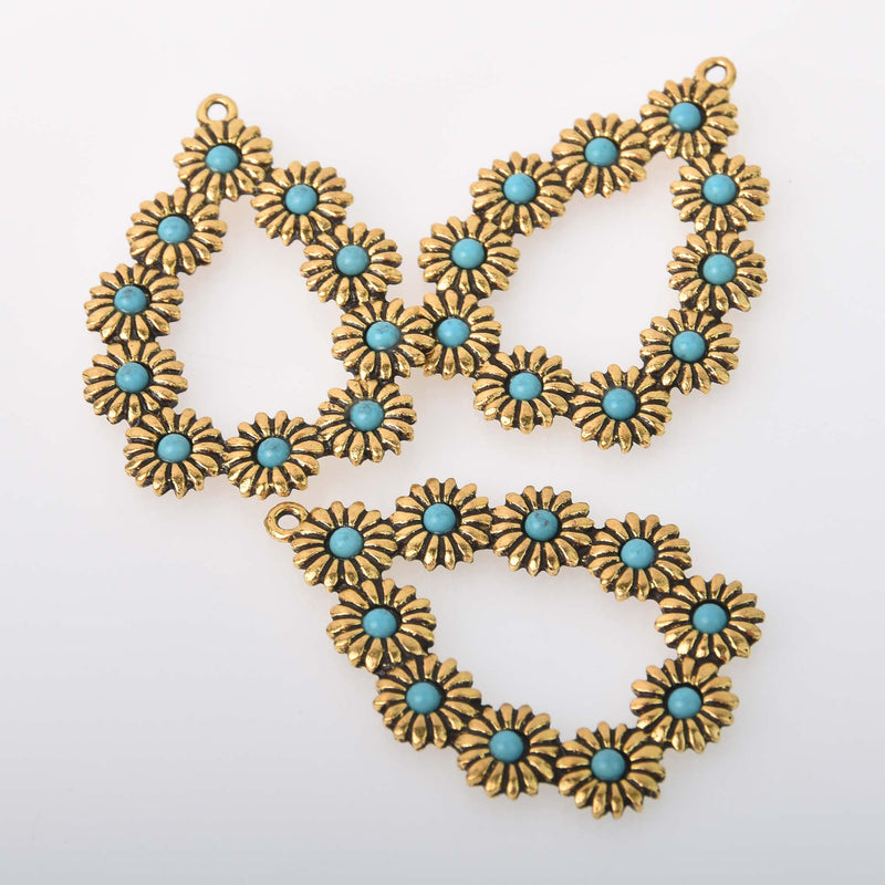 2 Boho Teardrop Flower Charms, gold with faux turquoise, chs8370