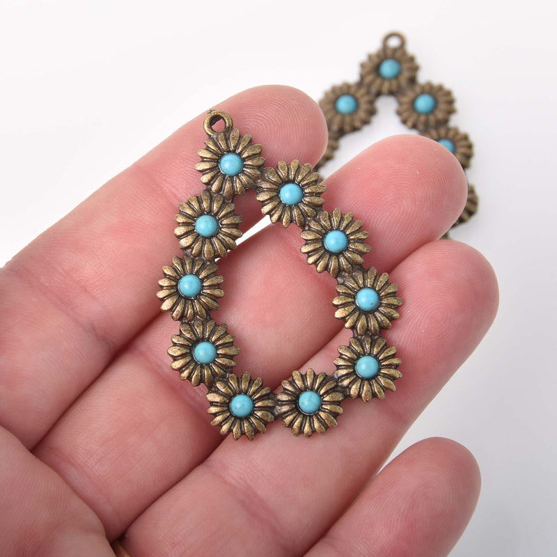 2 Boho Teardrop Flower Charms, bronze with faux turquoise, chs8371