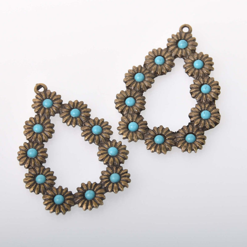 2 Boho Teardrop Flower Charms, bronze with faux turquoise, chs8371