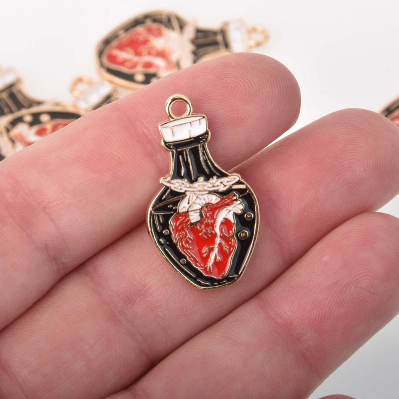 Anatomical Heart Potion Jar Charms for Halloween, Enamel, gold plated, chs8372