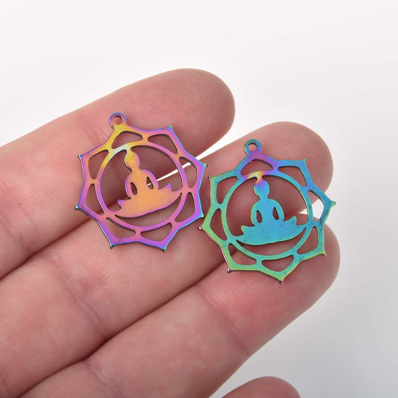 2 CHAKRA Charms, rainbow stainless steel, Buddha meditation yoga charms, 1" diameter, chs8381