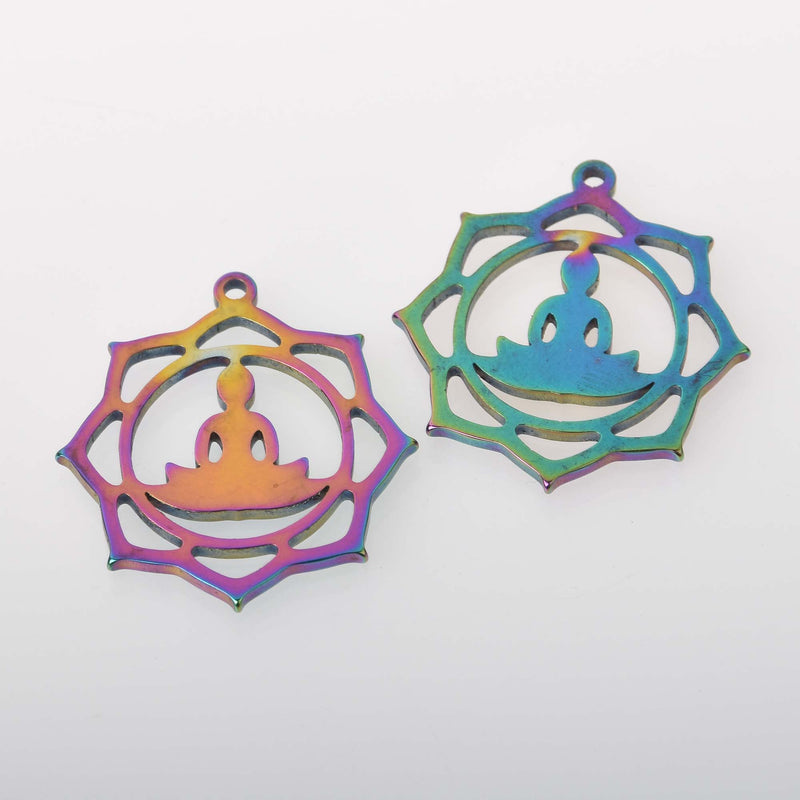 2 CHAKRA Charms, rainbow stainless steel, Buddha meditation yoga charms, 1" diameter, chs8381