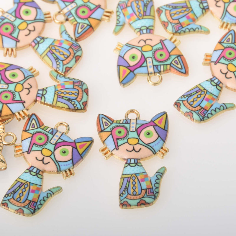 Patchwork Cat Charms, Blue Enamel 30mm, chs8386