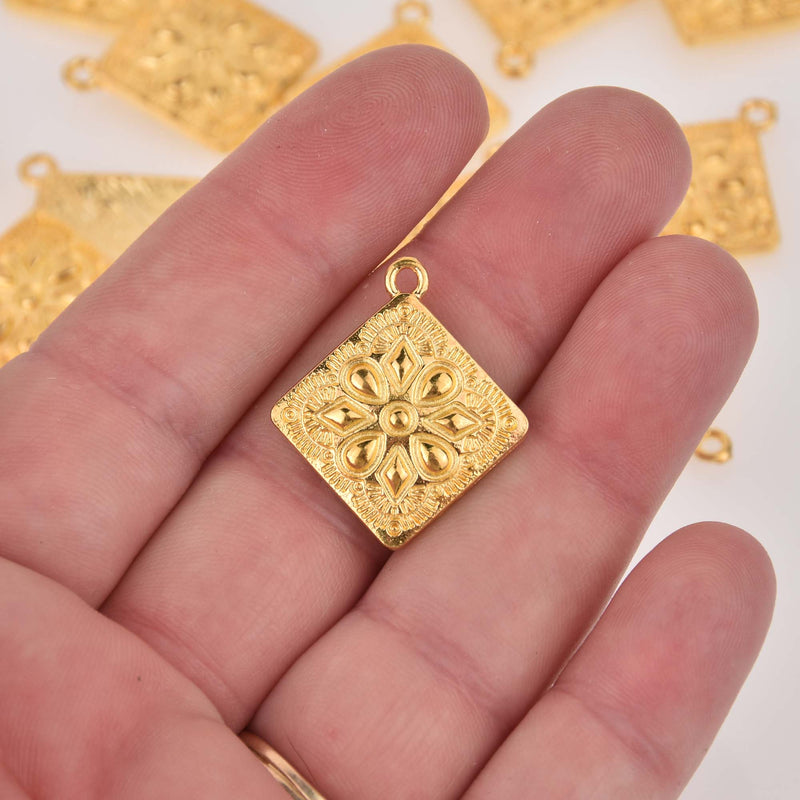 Square Gold Plate Mandala Charms, 25mm chs8391