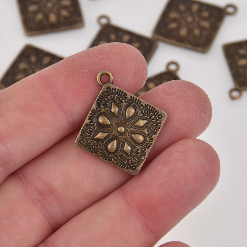 Square Bronze Mandala Charms, 25mm chs8392