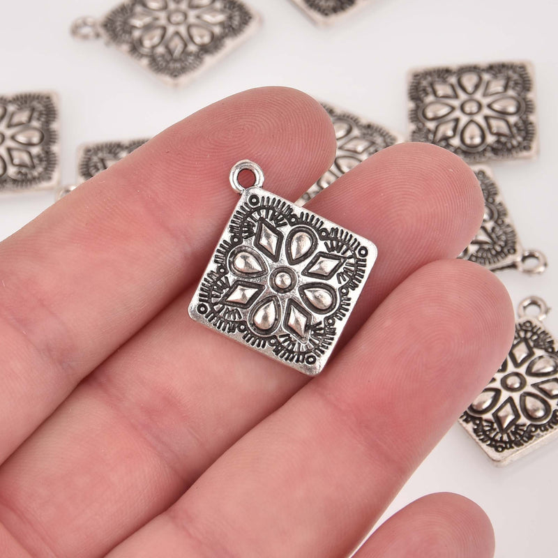 Square Silver Mandala Charms, 25mm chs8393