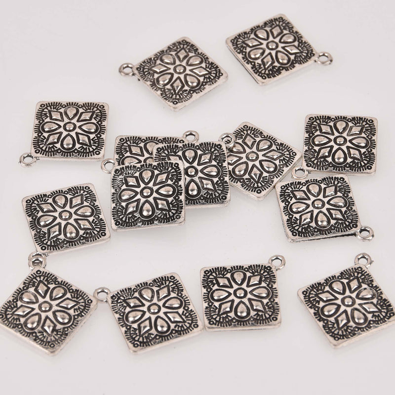 Square Silver Mandala Charms, 25mm chs8393