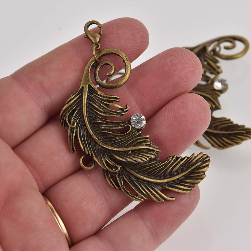 Large Bronze Feather Charm with Crystal, 2.25" long, chs8394