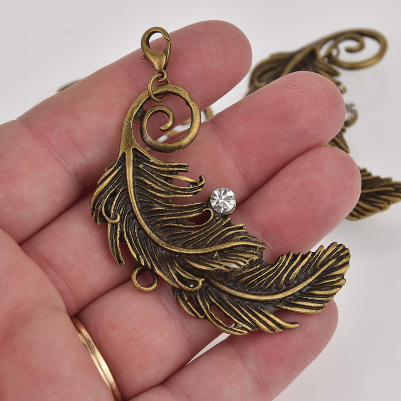 Large Bronze Feather Charm with Crystal, 2.25" long, chs8394