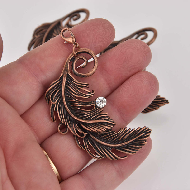 Large Copper Feather Charm with Crystal, 2.25" long, chs8395