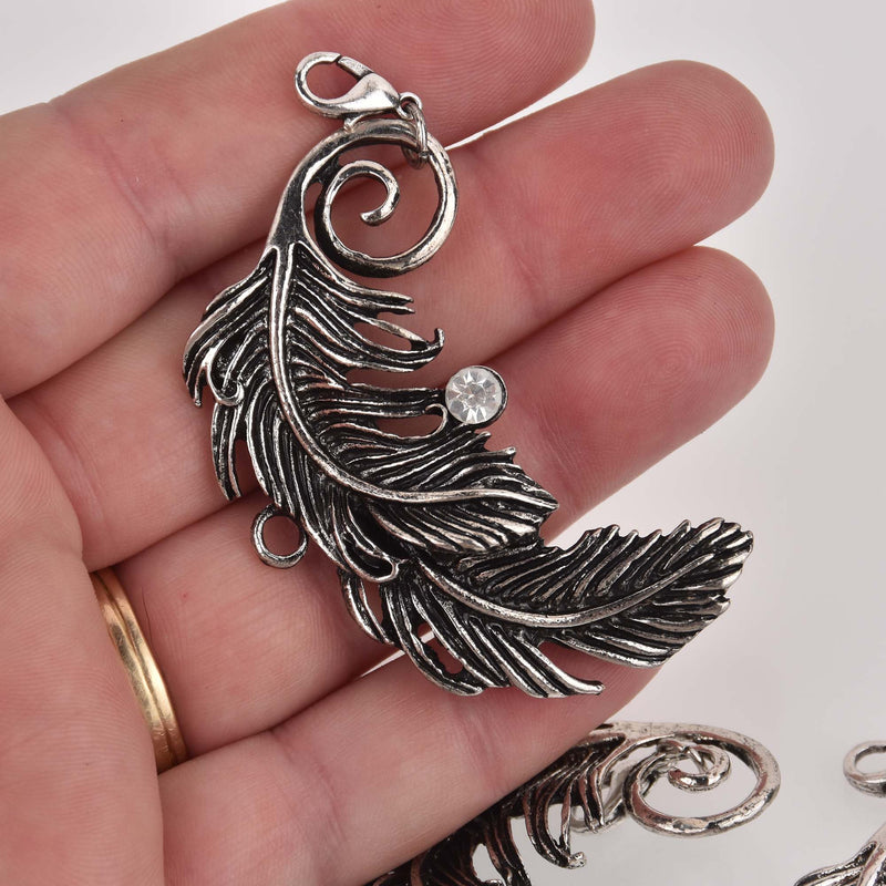 Large Silver Feather Charm with Crystal, 2.25" long, chs8396