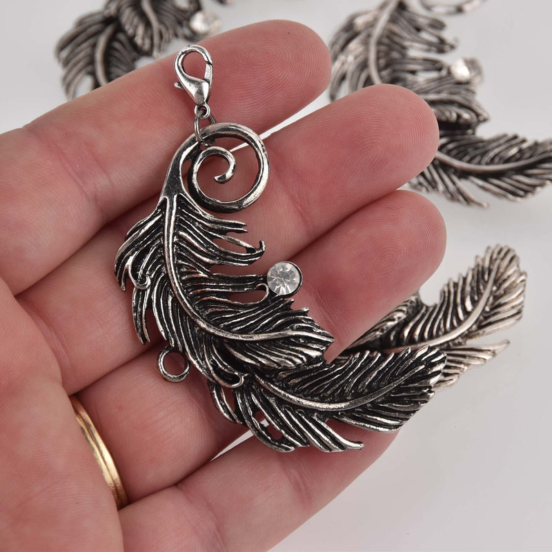 Large Silver Feather Charm with Crystal, 2.25" long, chs8396