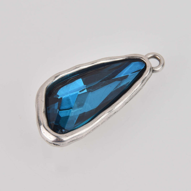 Teal Blue Rhinestone Drop Charm, Wing Crystal Glass in Silver Tone Bezel, 41x19mm, chs8397