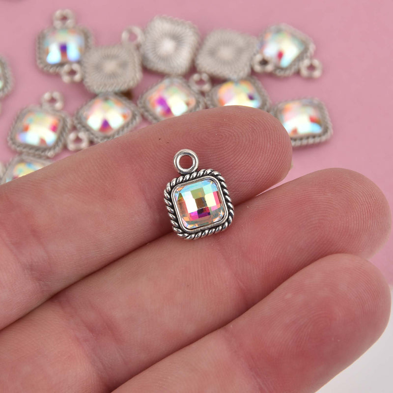 Small Square Crystal Charms, Silver with Clear AB Rhinestone, 14x10mm, chs8401