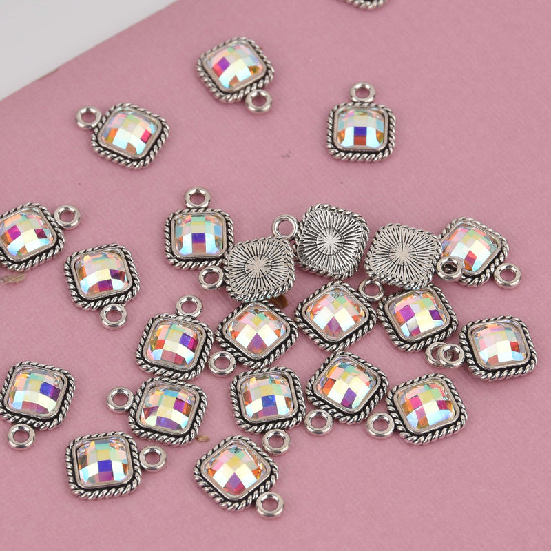 Small Square Crystal Charms, Silver with Clear AB Rhinestone, 14x10mm, chs8401