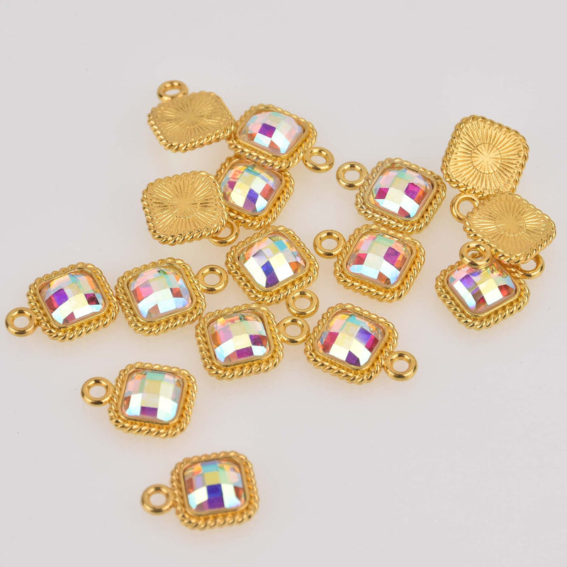 Small Square Crystal Charms, Gold with Clear AB Rhinestone, 14x10mm, chs8402