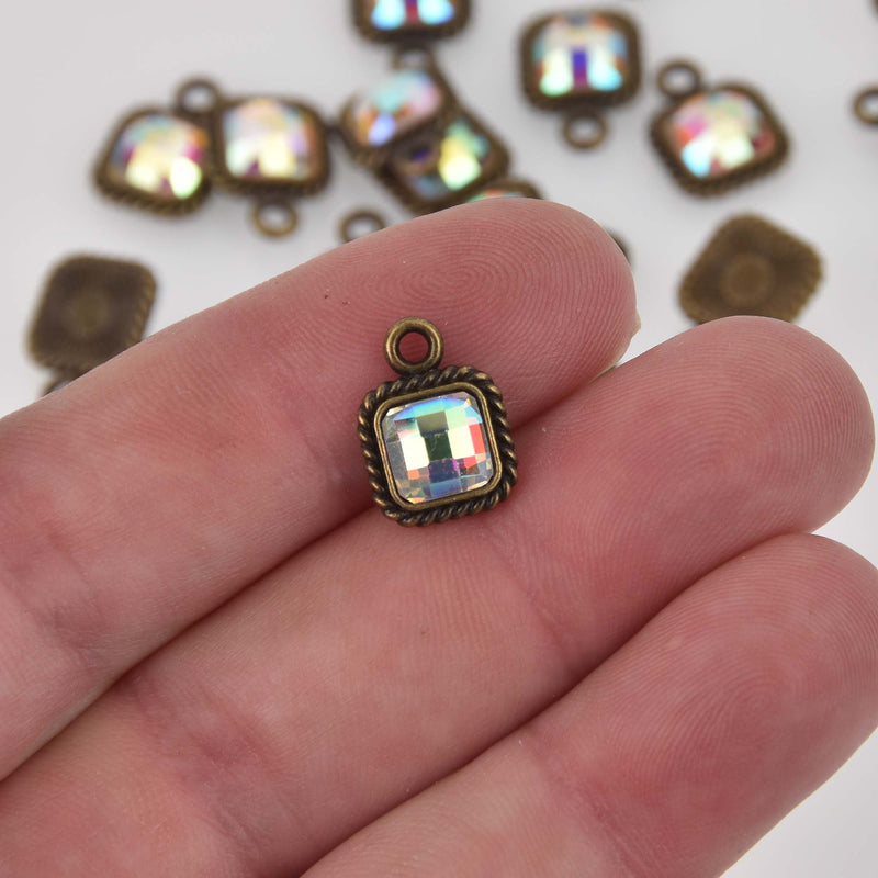 Small Square Crystal Charms, Bronze with Clear AB Rhinestone, 14x10mm, chs8403