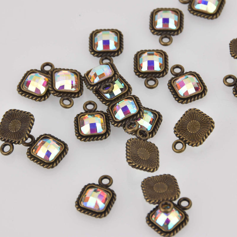 Small Square Crystal Charms, Bronze with Clear AB Rhinestone, 14x10mm, chs8403