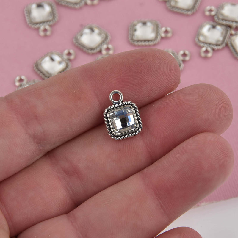 Small Square Crystal Charms, Silver with Clear Rhinestone, 14x10mm, chs8404