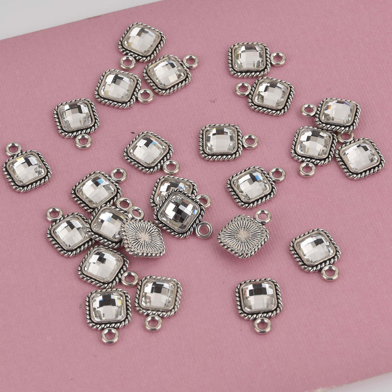 Small Square Crystal Charms, Silver with Clear Rhinestone, 14x10mm, chs8404