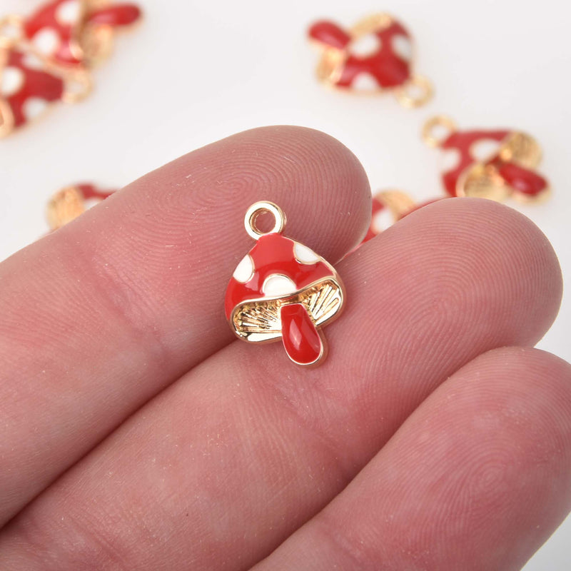 Mushroom Charms, red enamel, gold plated, chs8408