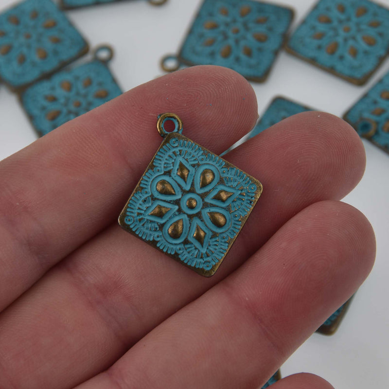 Square Bronze Mandala Charms, Blue Verdigris Patina, 25mm chs8409