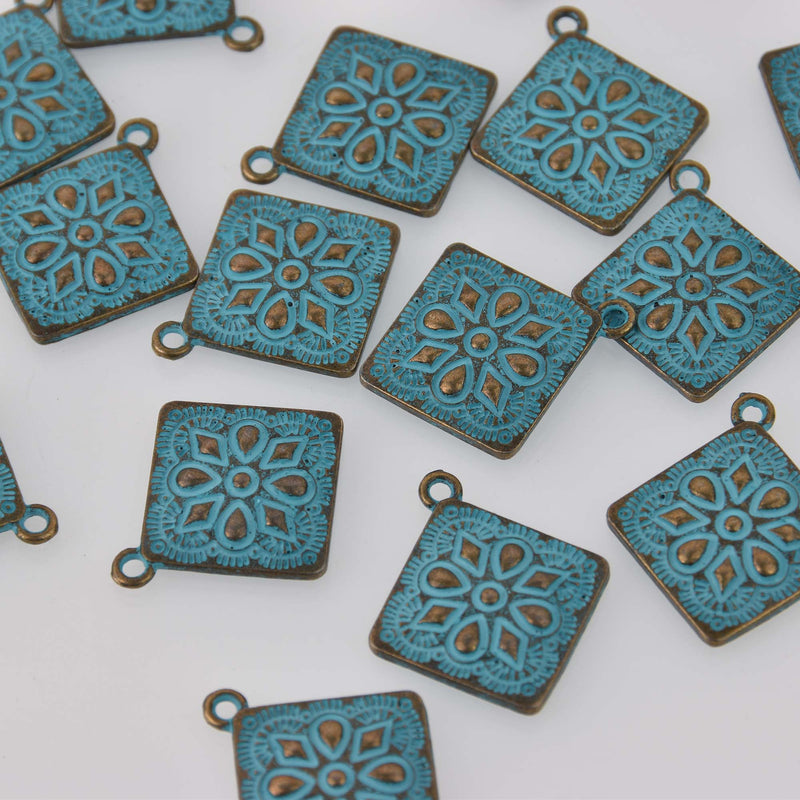 Square Bronze Mandala Charms, Blue Verdigris Patina, 25mm chs8409