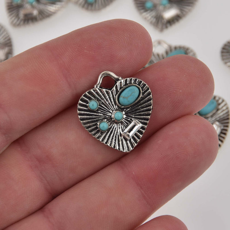 Silver Heart Charms w/Faux Turquoise and Crystal, 22x20mm, chs8414