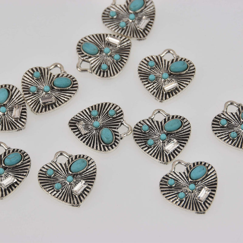 Silver Heart Charms w/Faux Turquoise and Crystal, 22x20mm, chs8414