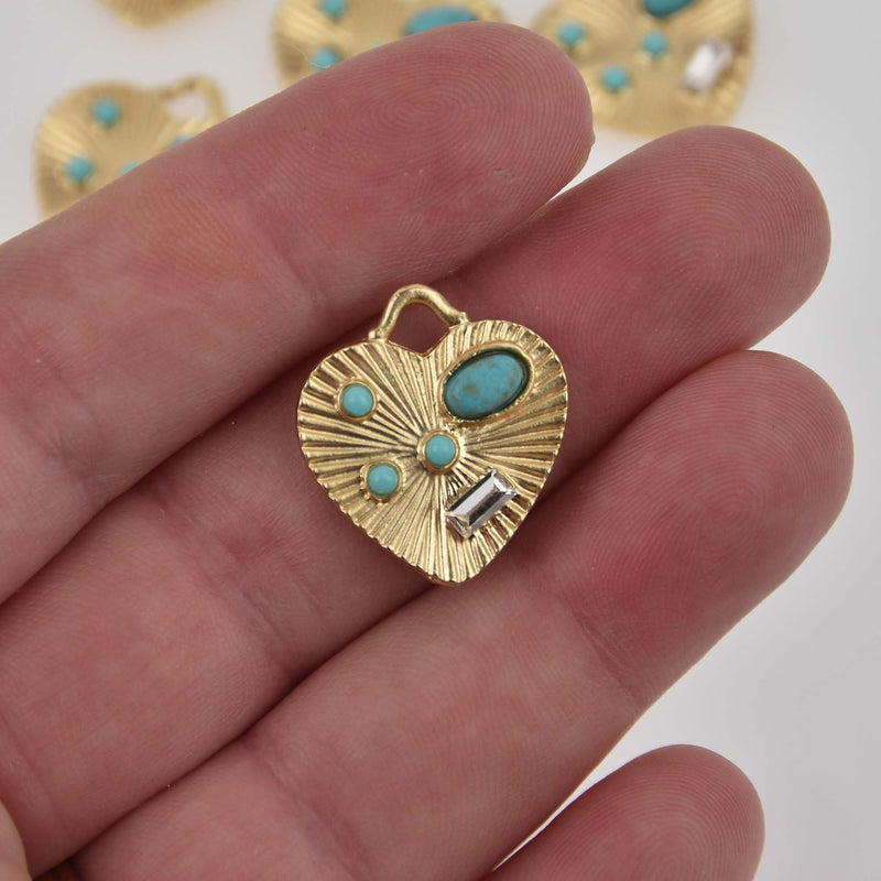 Light Gold Heart Charms w/Faux Turquoise and Crystal, 22x20mm, chs8415