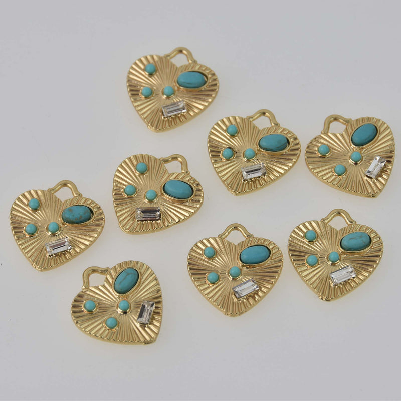 Light Gold Heart Charms w/Faux Turquoise and Crystal, 22x20mm, chs8415